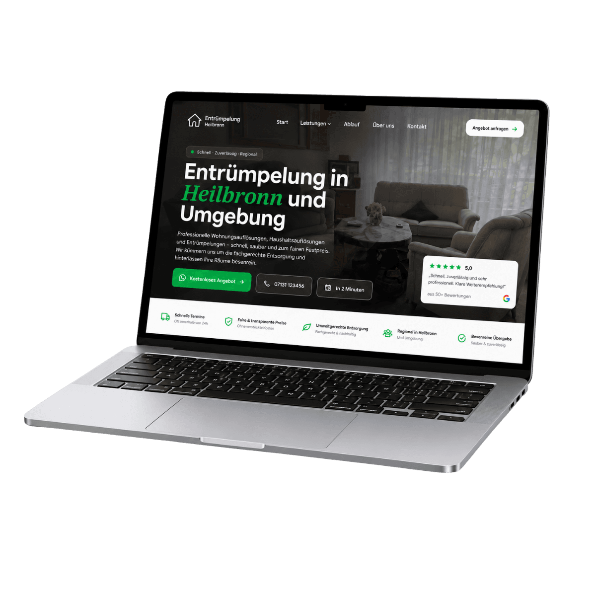 Neue Website von Leinbach Dienstleistungen auf dem Laptop